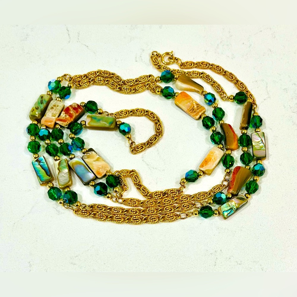 Vintage NAPIER Necklace Abalone Green AB beads Gold Tone Long Layering Necklace